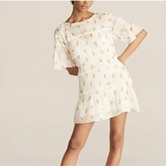 Rebecca Taylor Marigold Fleur Ines Smocked Floral Mini Dress Ivory Yellow XS - Image 3