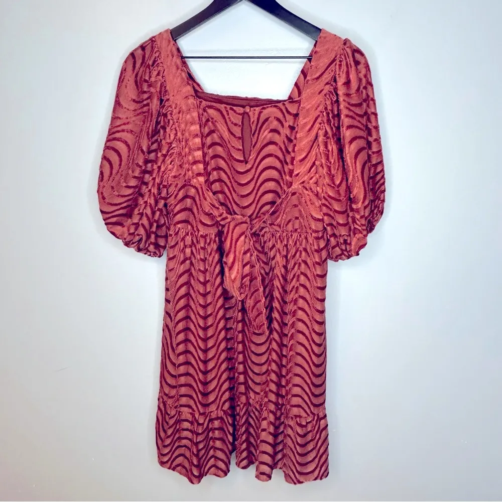 Moon River Anthropologie Terracotta Velvet Swirl Square Neck Babydoll Dress Sz L - Image 4