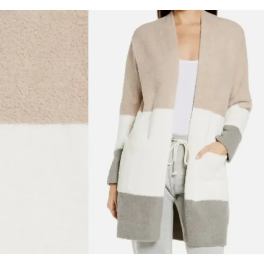 Barefoot Dreams CozyChic Colorblock Cardigan in Tan/White/Gray Stripe Size Med - Image 4
