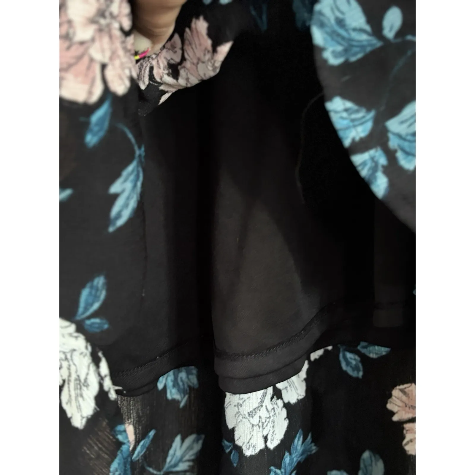 Merona Floral Black/Pink Elastic Waist Tie Back Chiffon‎ Lined Midi Dress Size M - Image 3