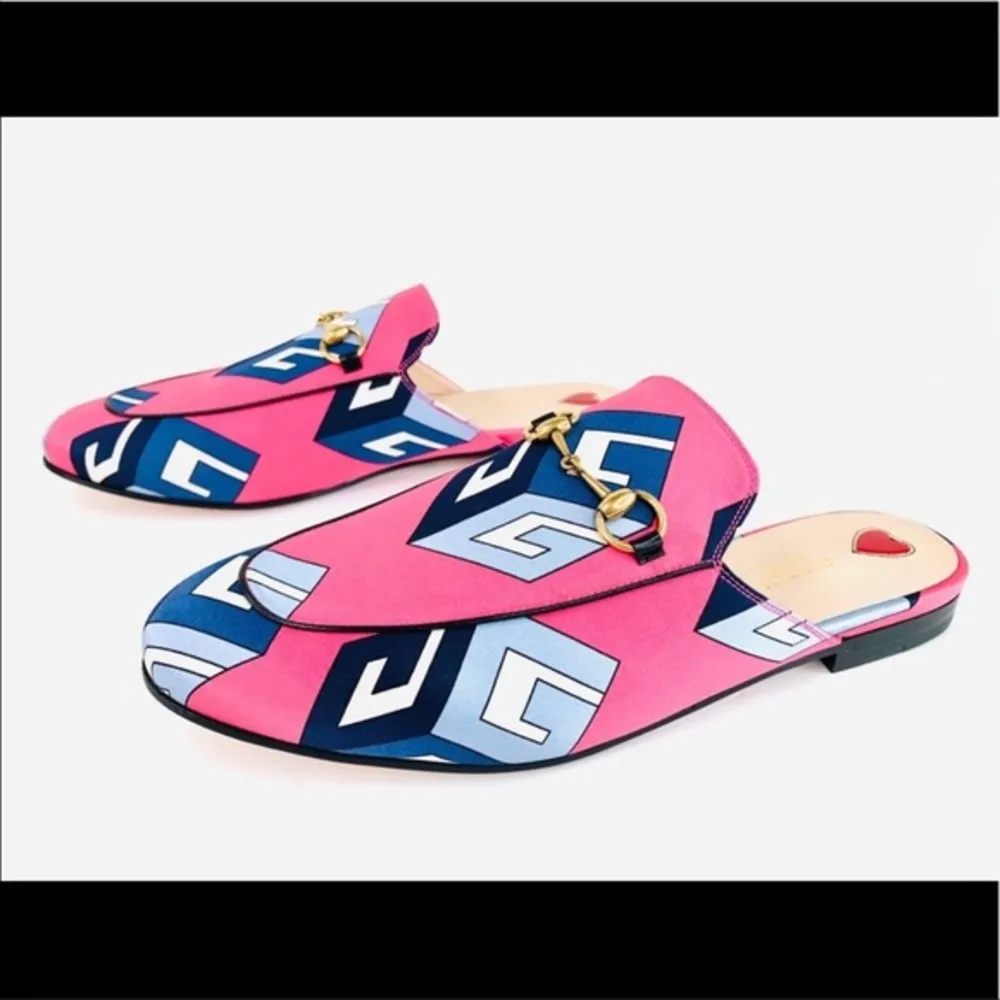 Gucci  Princetown Horsebit Satin Geometric Wallpaper Mule 432773 Slippers Size 37 - Image 11