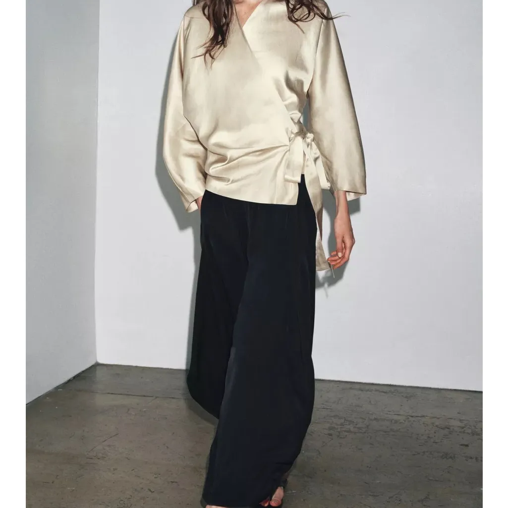 Zara NWT ZW collection light beige wrap tie side blouse - Image 5