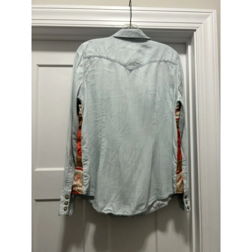 Lucky Brand Dixie Scarf Printed Snap Button Chambray Shirt Top Boho Size Large - Image 6