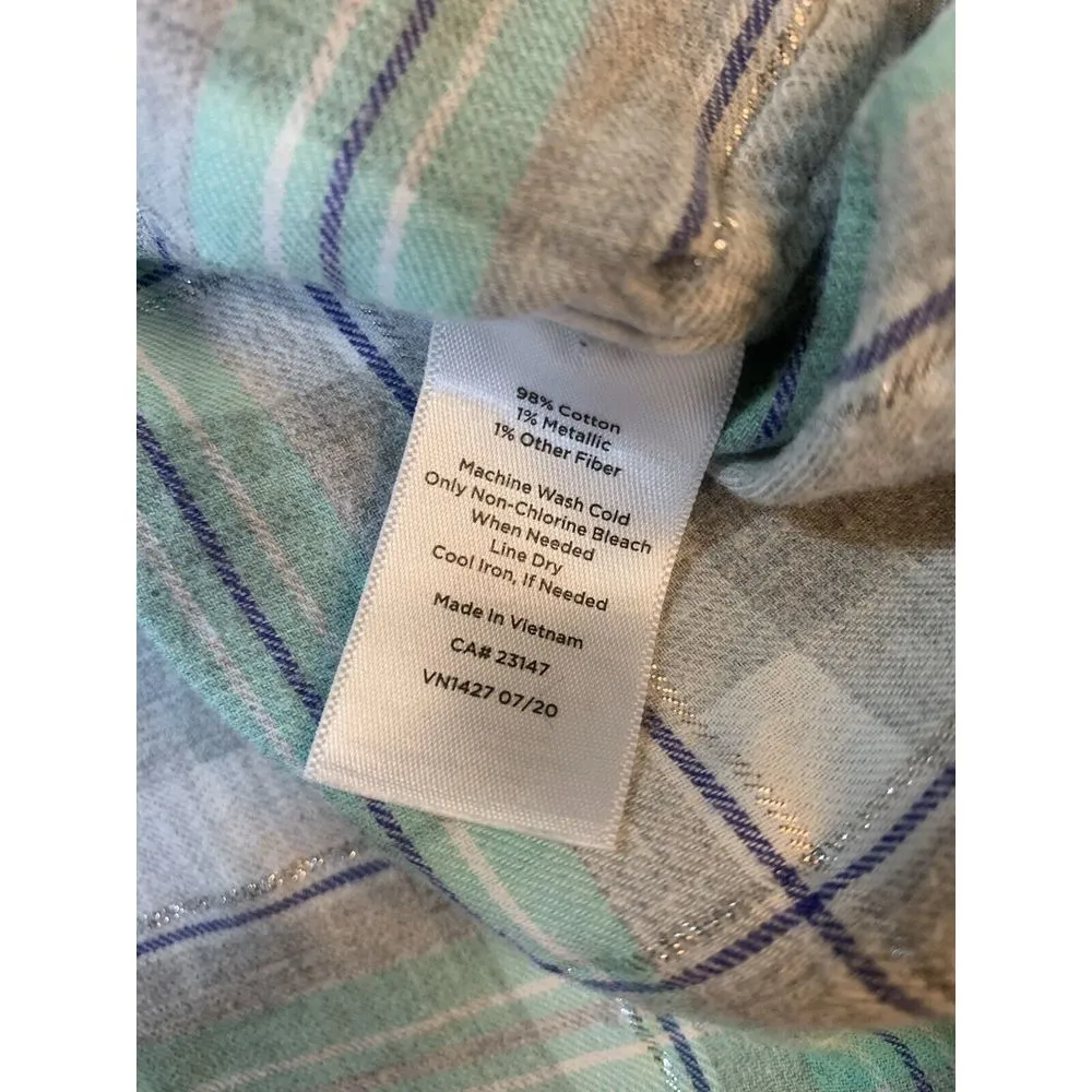 Talbots Shirt Womens Medium Plaid Pastel Metallic Preppy‎ Classic Church Casual - Image 6