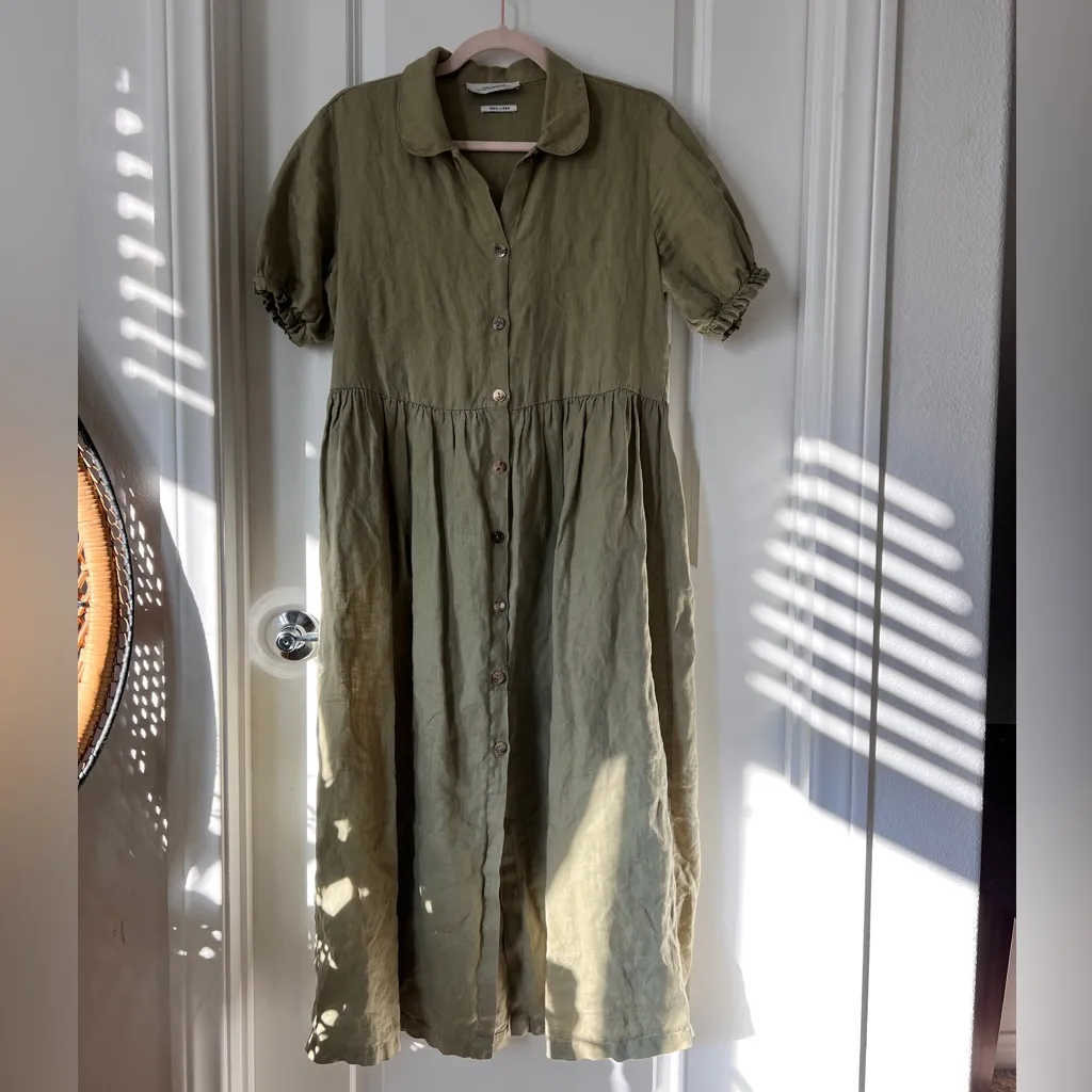 Zara Green 100% Linen Button-Front Midi Dress Short Sleeve Women’s Small - Image 2