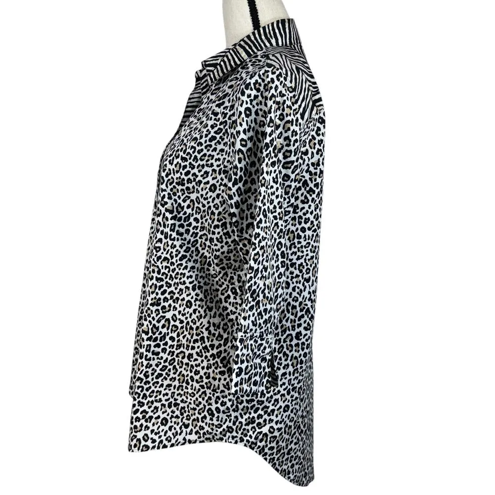 Chico’s SZ 1 (Medium) Top Leopard Zebra Print Button-Up 3/4 Sleeves Hi-Low Hem - Image 6