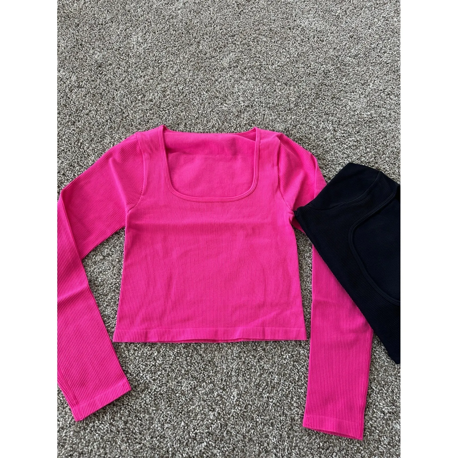 OQQ Ribbed Square Neck Long Sleeve Crop Top Set Activewear‎ Athleisure L Pink Size L - Image 2