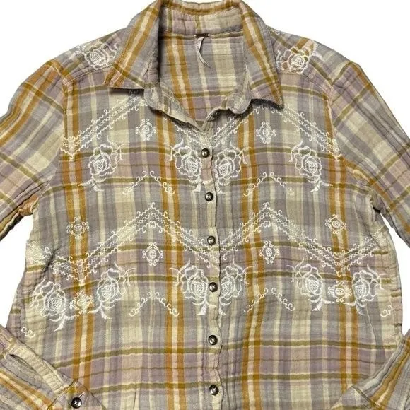 Free People Plaid Floral Embroidered Gauze Button Up Cabin Holiday Dainty XS - Image 3