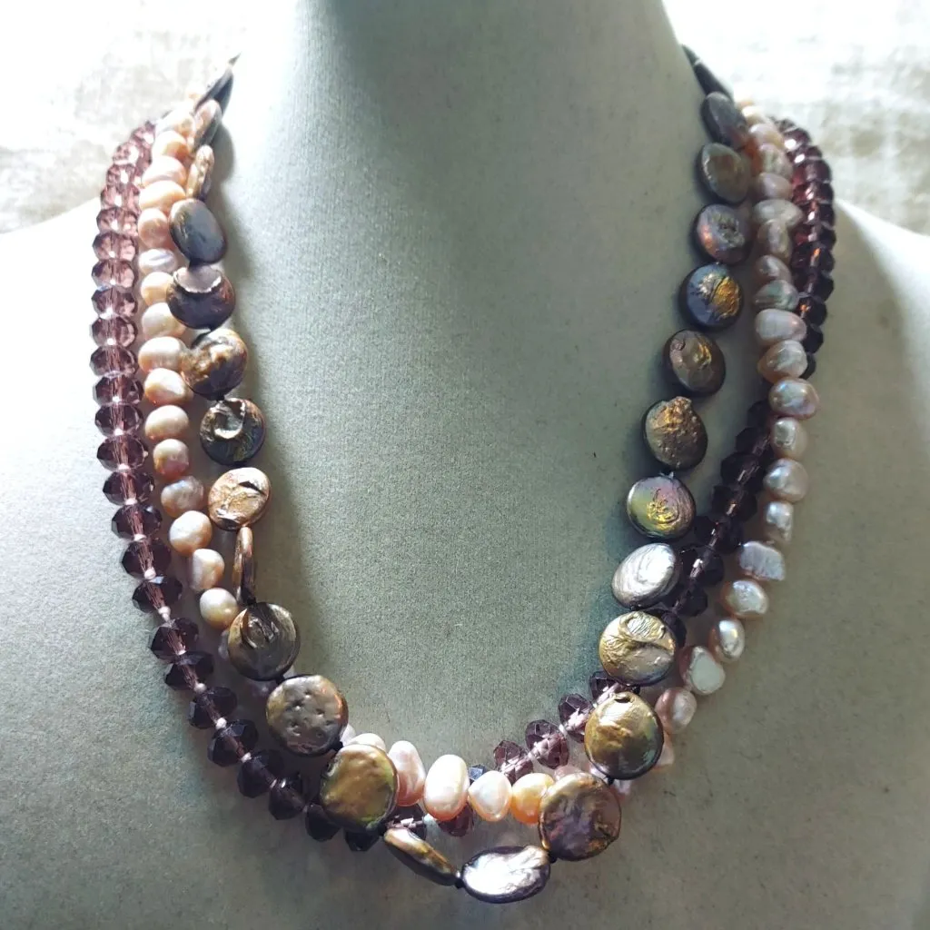 Freshwater Pearl Crystal Necklace Magnetic Clasp Brown Pink 18 Inch 3 Strand - Image 5