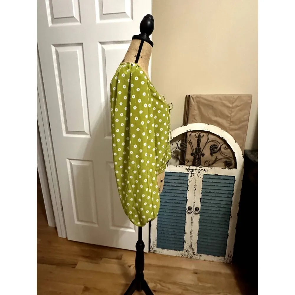 Levi's® puff sleeve Floral Cropped Top blouse Pear Electric Green S Taylor Size L - Image 2