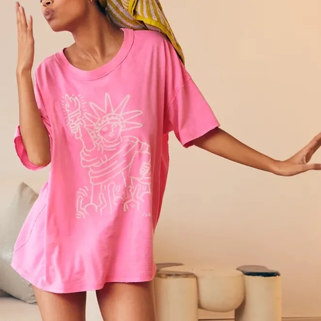 Aerie Keith Haring Oversized Graphic Boyfriend T-Shirt tee pink burst neon nyc - Image 2