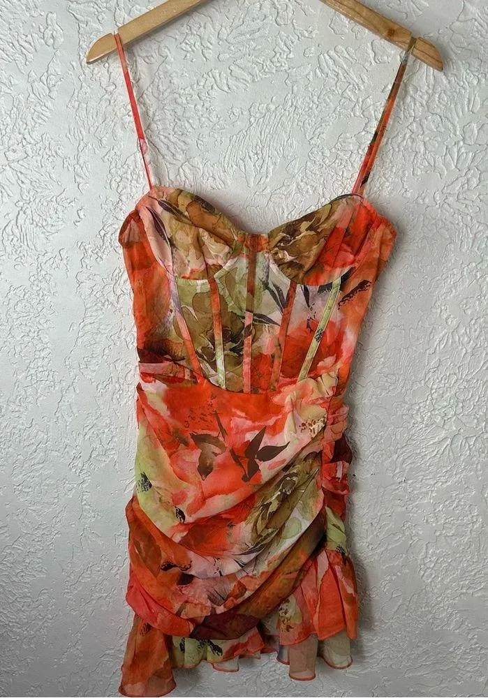 PRETTY LITTLE THING Orange Floral Print Corset Frill Hem Bodycon Dress NWTSize 6 - Image 3