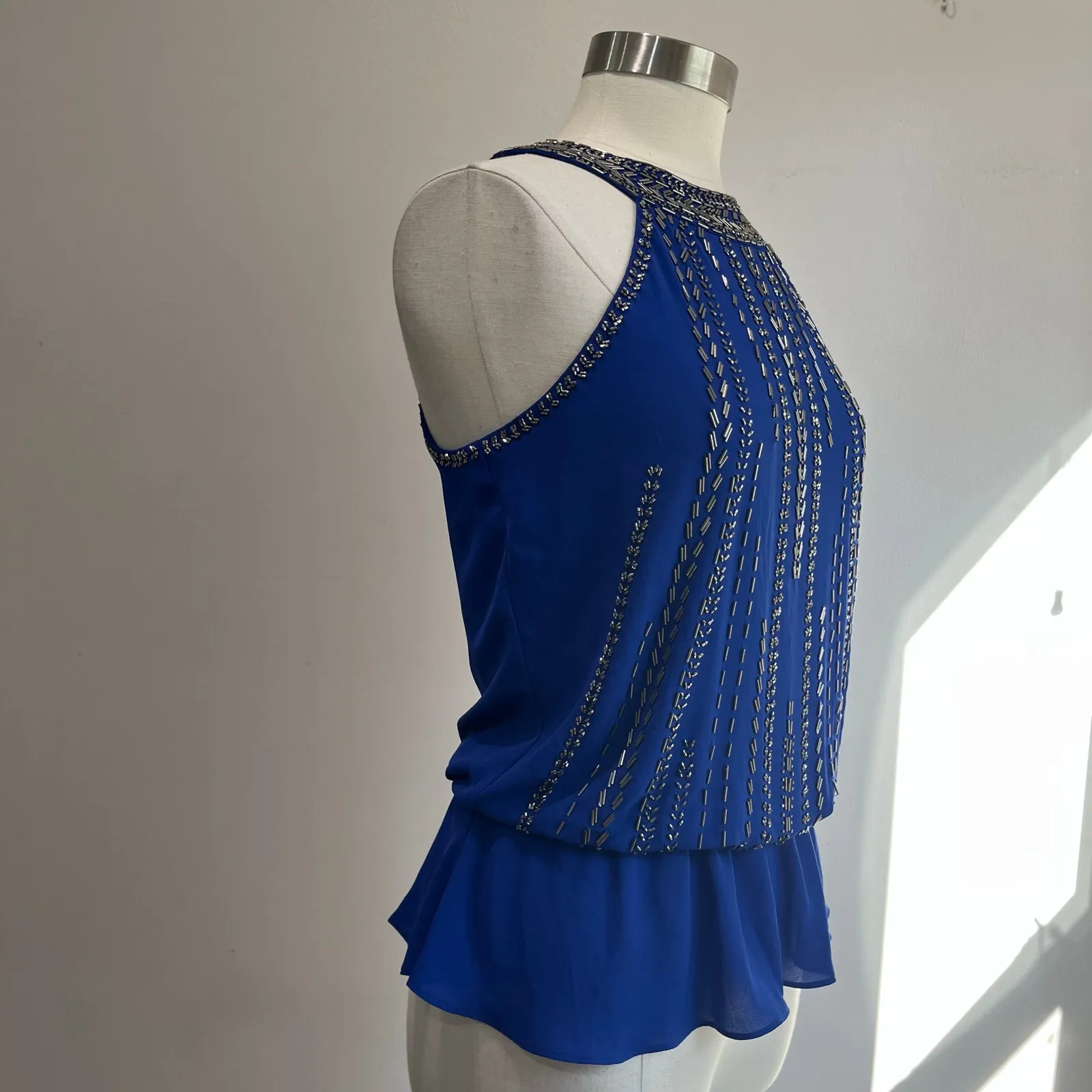 Cache Blue Beaded Blouse Fairy High Neck Size XS - Image 3