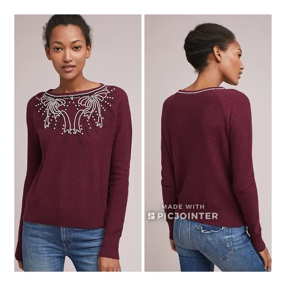 Field Flower Pearled Bow Sweater Raspberry S Anthropologie - Image 2