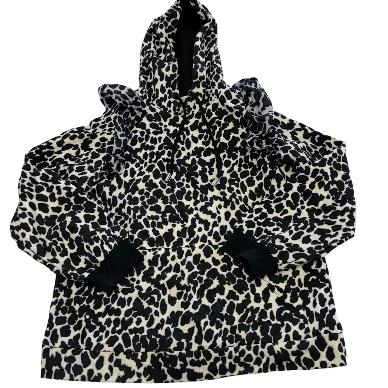 Sandy Liang Hoodie Womens X Small Black White Leopard Animal Ruffle Sweatshirt - Image 2