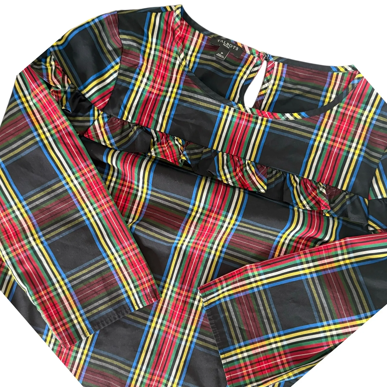 Talbots Tartan Plaid Top‎ Petite Women Size P Ruffle Trim Top Preppy Checkered - Image 12