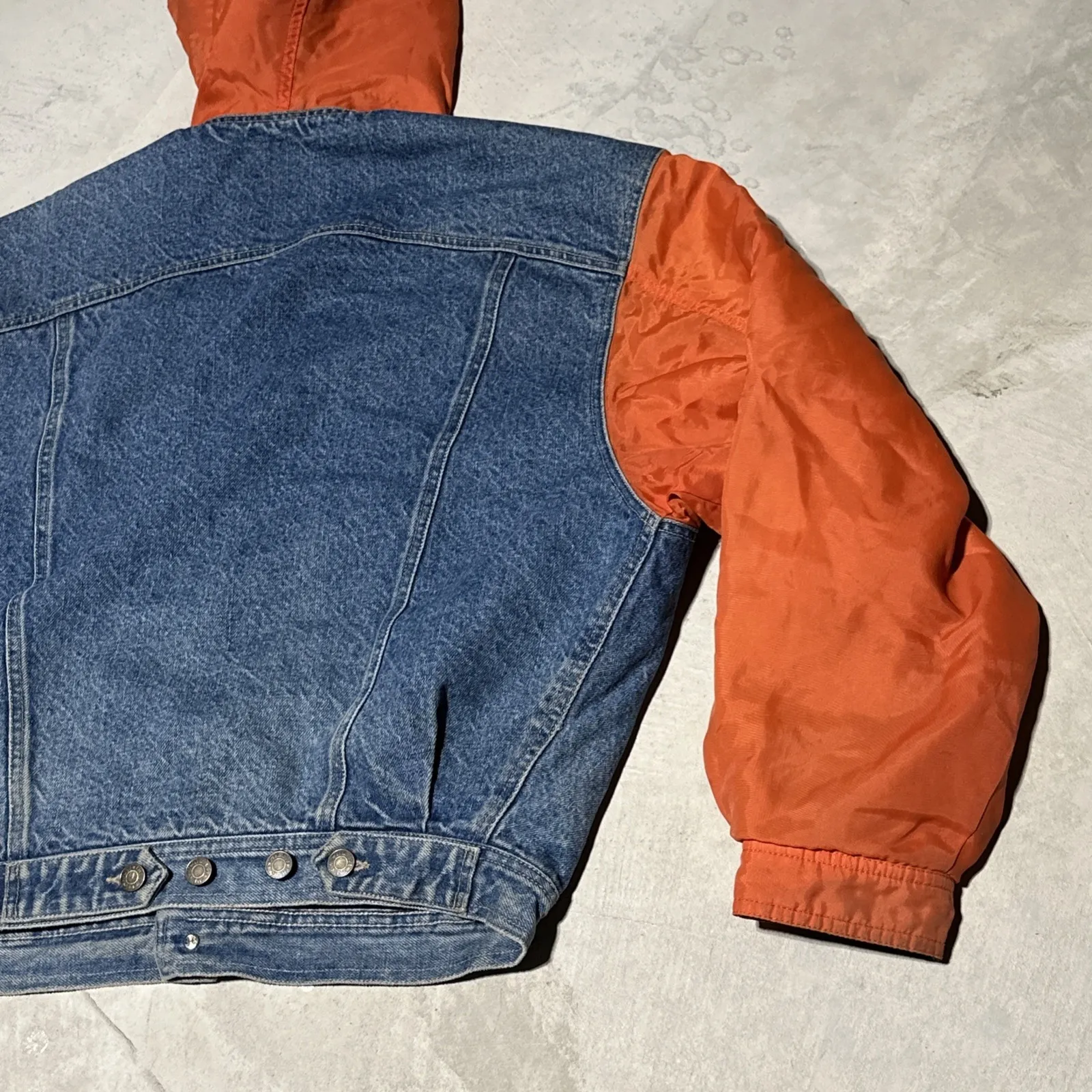 Vintage 90's The Gap Denim SZ Small Jean Jacket W/ Hood Orange Sleeves HipHop - Image 12