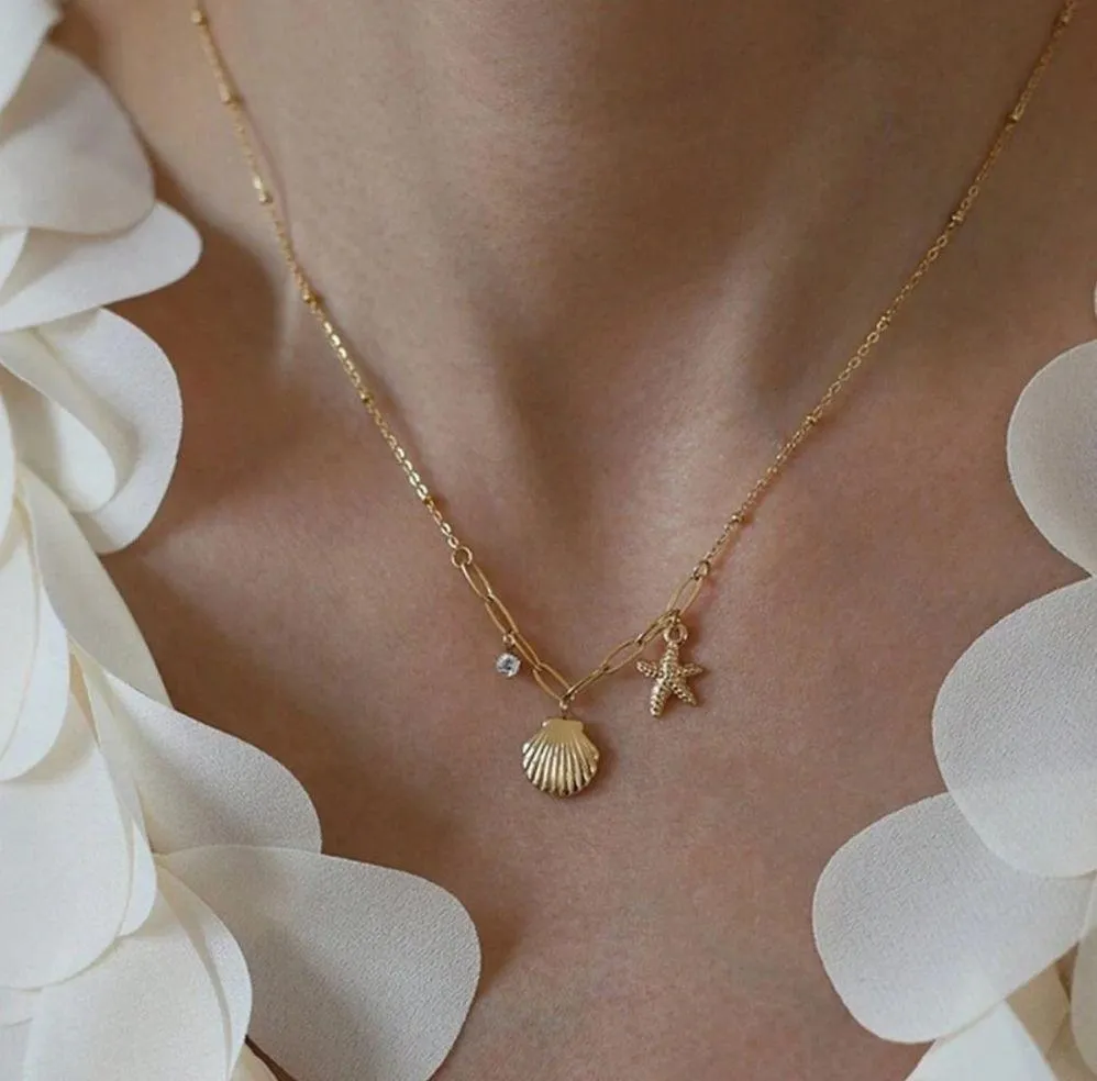 18k gold plated stainless steel chain with shell , starfish - Image 2