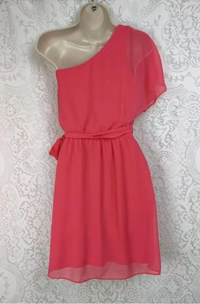 Express Cocktail Dress Size S Coral Pink chiffon One Shoulder Tie Waist Party. - Image 2