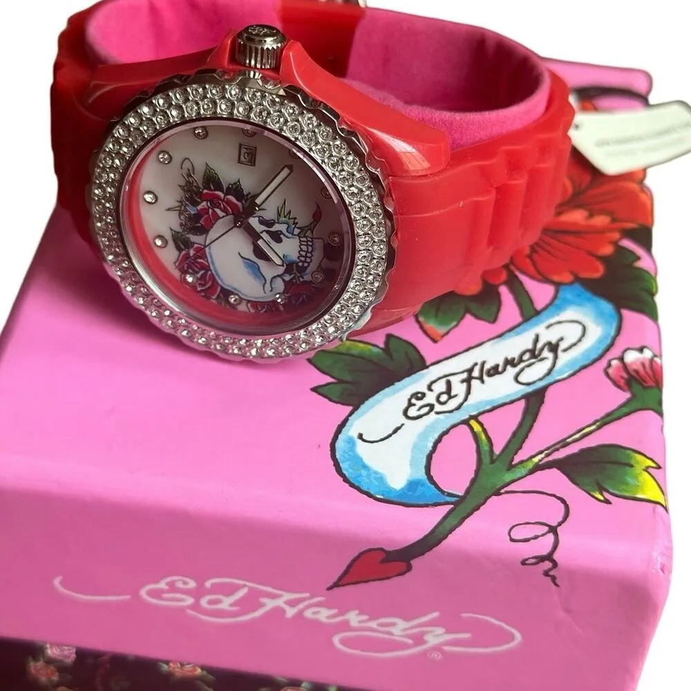 NIB Ed Hardy Love Kills Slowly Watch Swarovski Crystals & Red Pink Band Y2K - Image 4