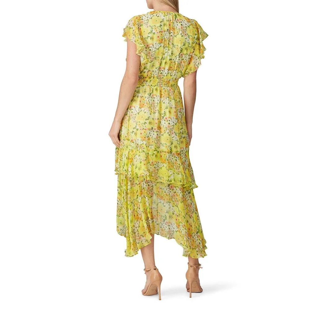 SHOSHANNA Yellow Floral Chiffon Short Flutter Sleeve Ruffle Hemline Dress size 0 - Image 13