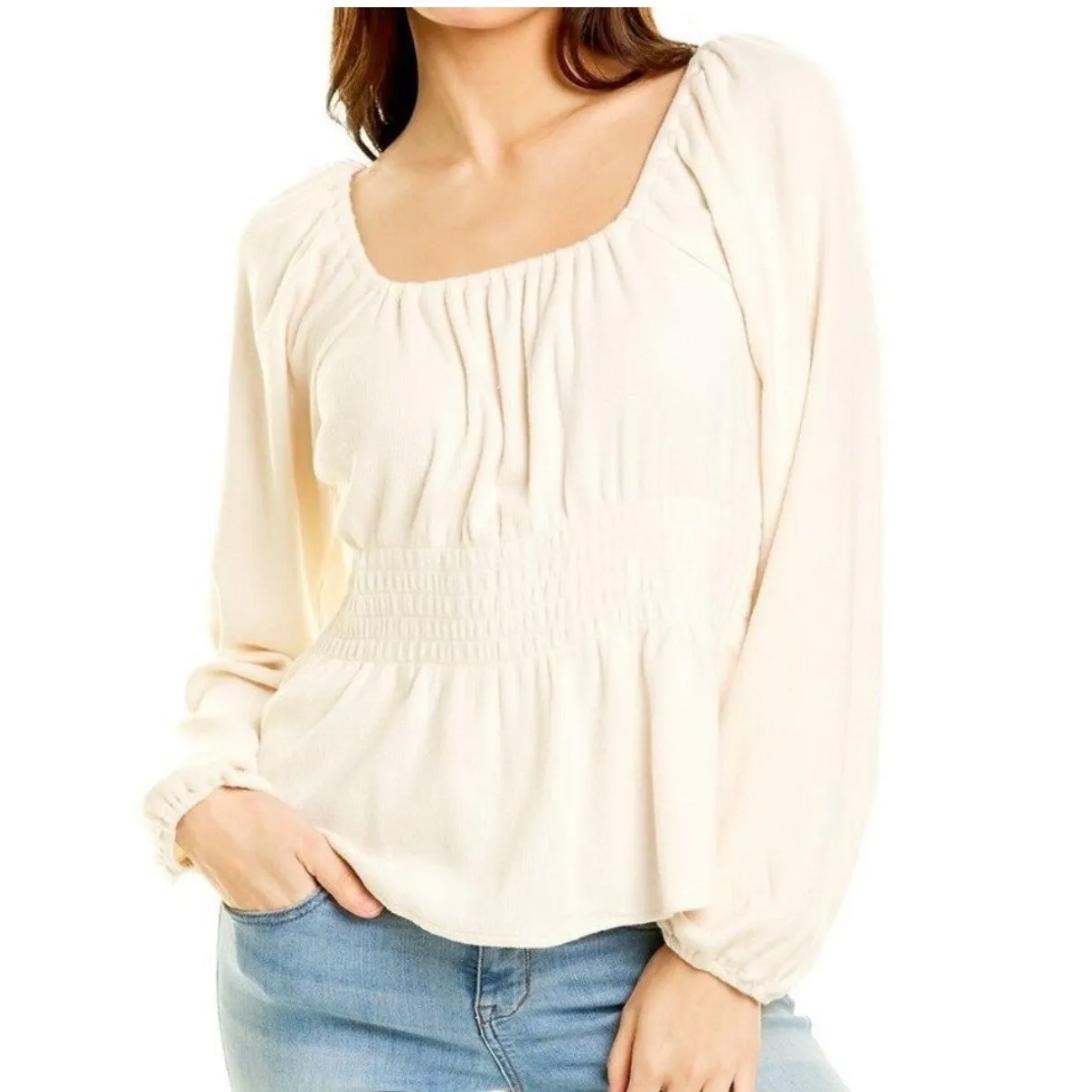 Madewell Plush Square Neck Smocked Blouse XXL Cream Ivory Milkmaid Babydoll Boho - Image 2