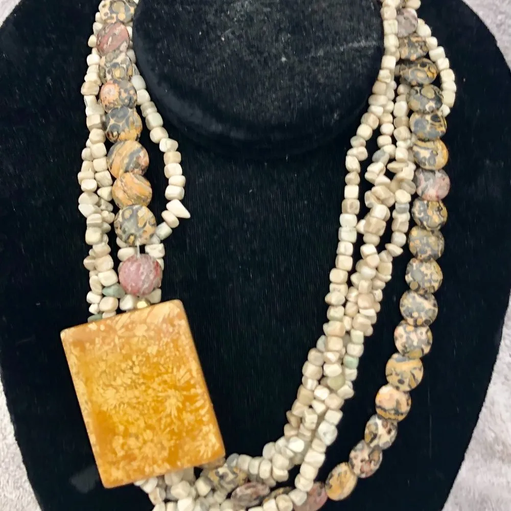 Large Square Medallion Multi Strand Jasper Statement Necklace Custom Made 18" Tan - Image 7