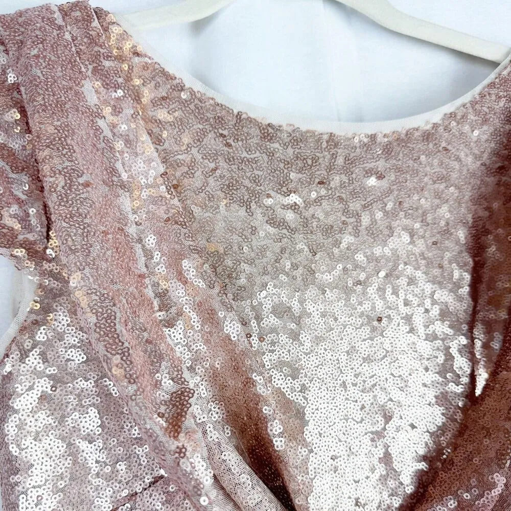 DESSY COLLECTION Rose Gold Sequin Cowl Back Cap Sleeve Gown with Slit 3043 Sz 2 Pink - Image 3