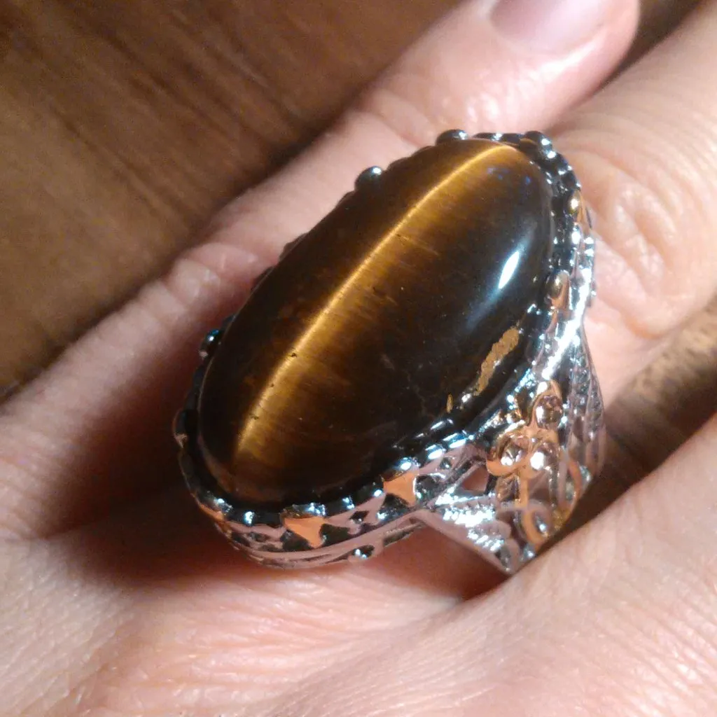 Tiger's Eye And Champagne Color Austrian Crystal Stainless Steel Ring (Size 7) - Image 2