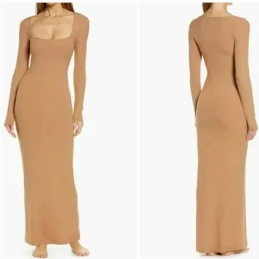 Skims New Soft Lounge Shimmer Long Sleeve Dress Camel Tan Metallic Foil Size M - Image 2