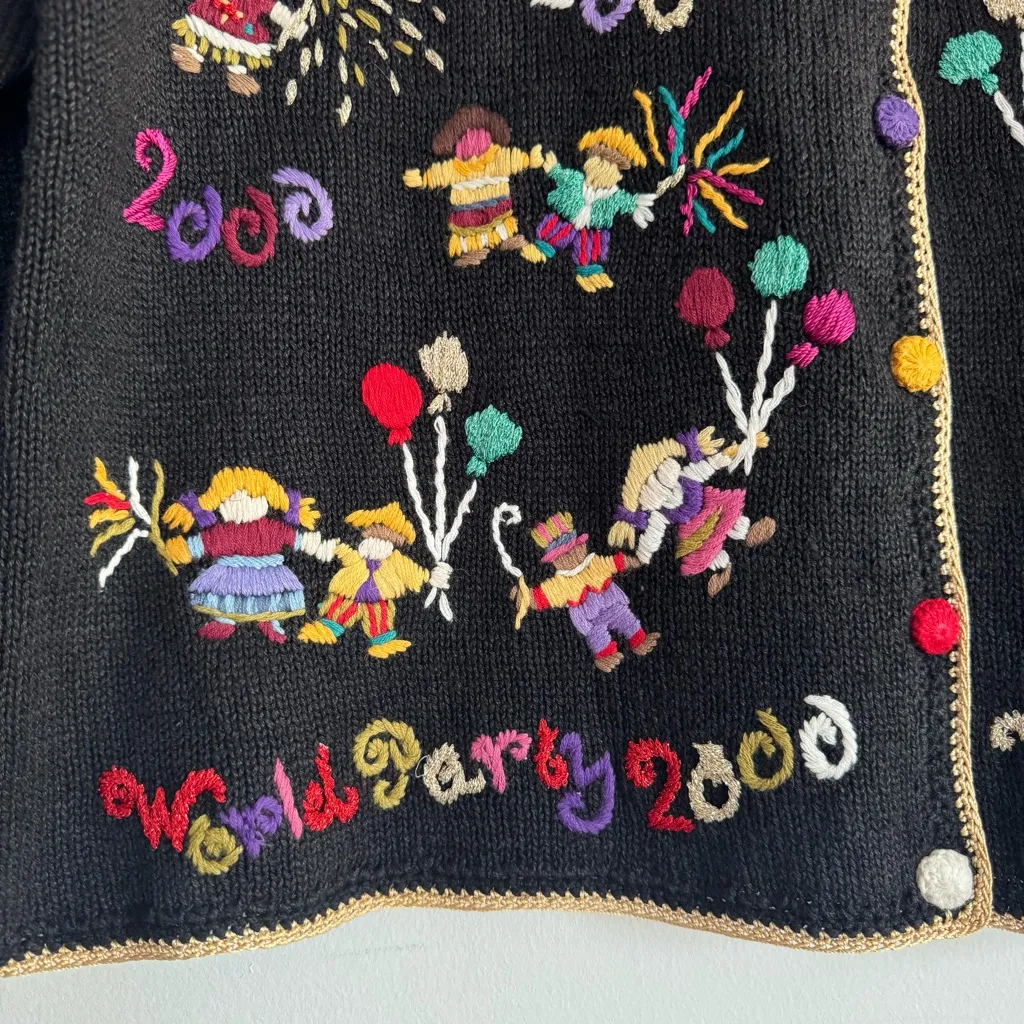 Vintage 1999 Heirloom Collectibles World Party 2000 Cardigan Sweater‎ Y2K Size L Black Size L - Image 2