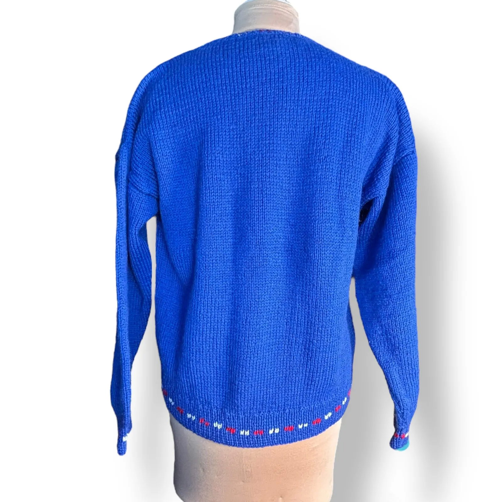 Vintage 90s Allen Solly Wool Christmas Sweater Tree Gifts Santa Hat Blue Large - Image 7