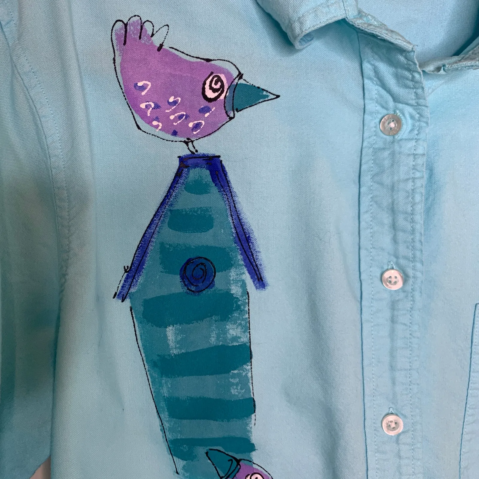 SeaSalt Aqua Button Up Shirt Sz Small Handpainted Blue - Image 12