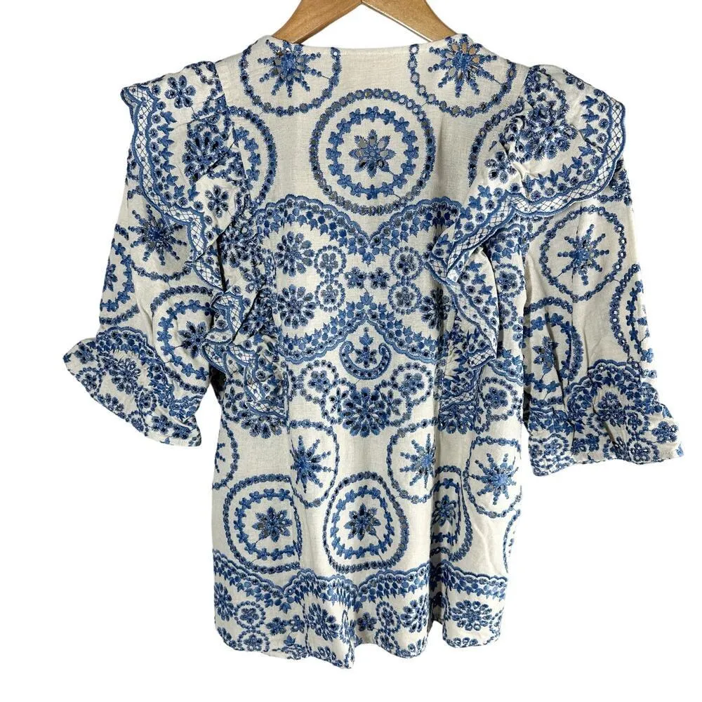 Sezane South Blouse Embroidered Floral Eyelet Blouse Summer French Blouse US 6 - Image 2