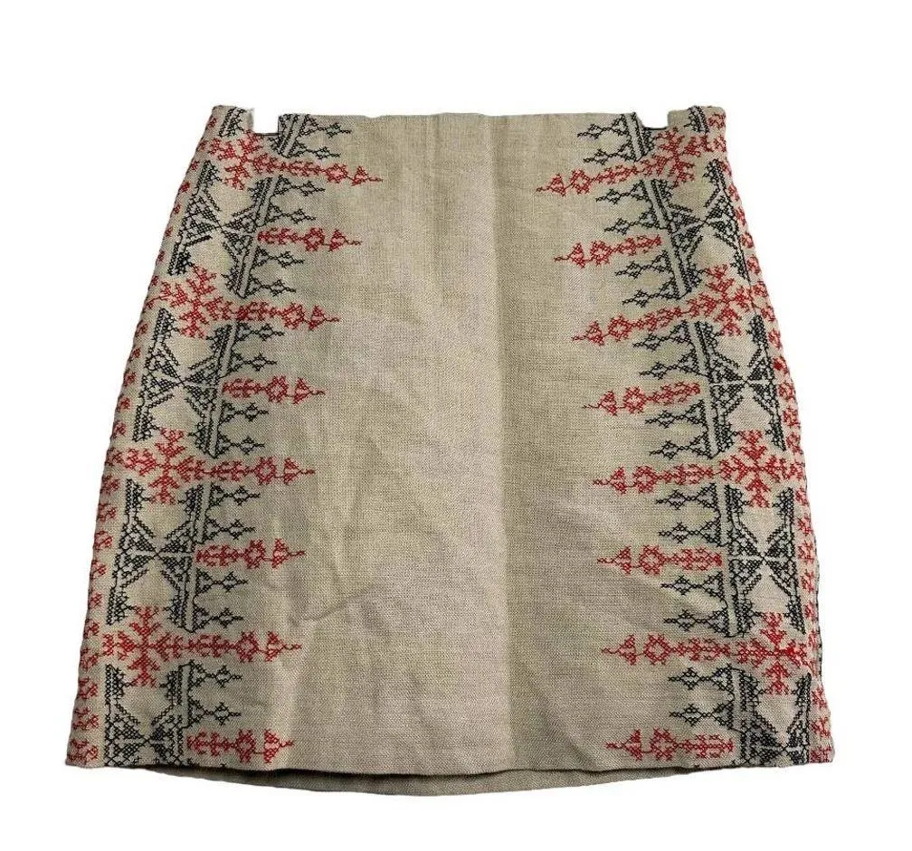 Loft Tan Embroidered Aztec Cotton Linen Skirt - Image 3