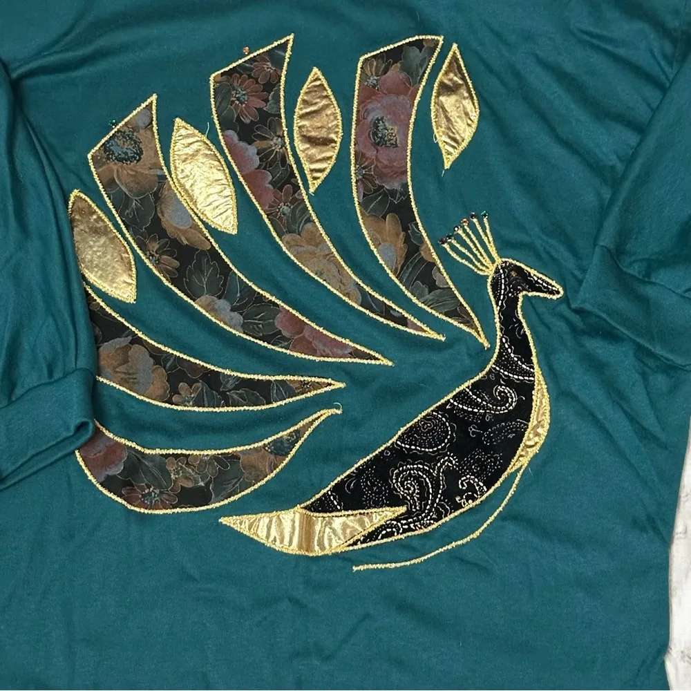 Teal and Gold Midi Floral Skirt And Top Peacock Embellishment Dolman Sleeve 80s Blue Size L - Image 3