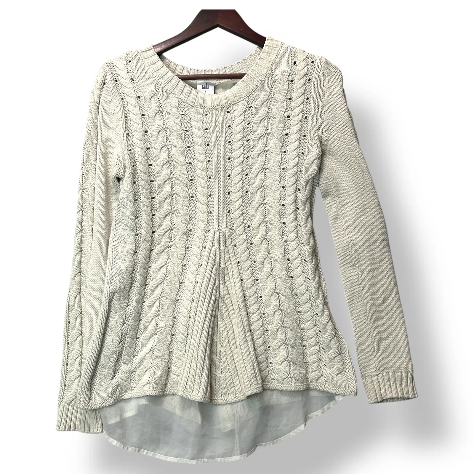 Cabi Women Cable Knit Layered Hem Sweater Lace Back Sz S #3157 Cream Cottagecore - Image 3