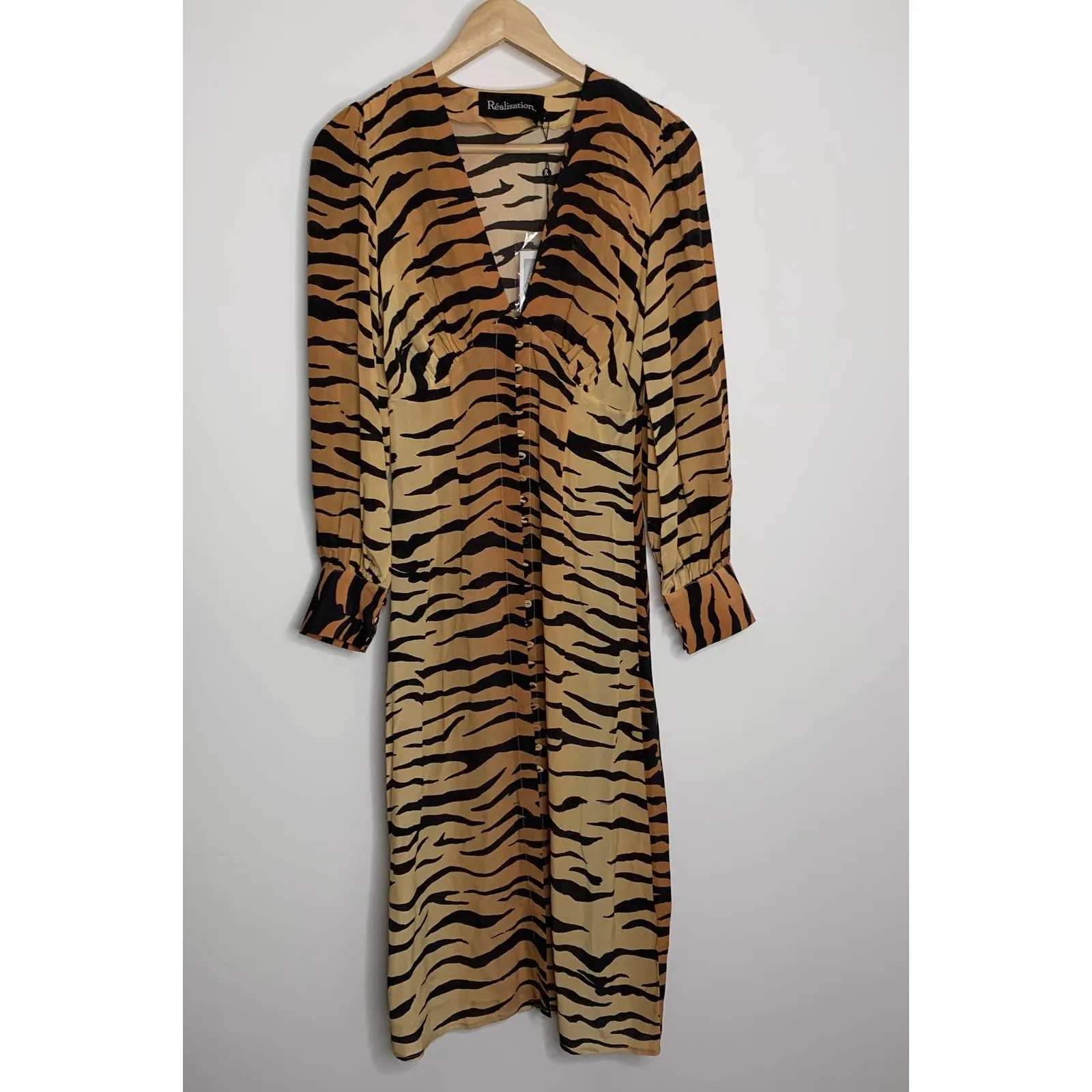 Realisation Vivienne Midi Dress Tiger Small New 100% Silk Womens Small Black - Image 3