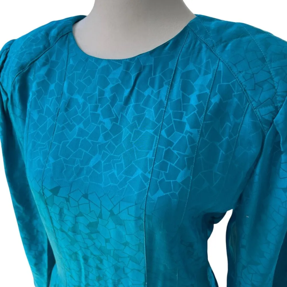 Vintage 1980s Argenti Petites 100% Silk Midi Dress Long Sleeve Teal Geo Size 6 Blue - Image 5
