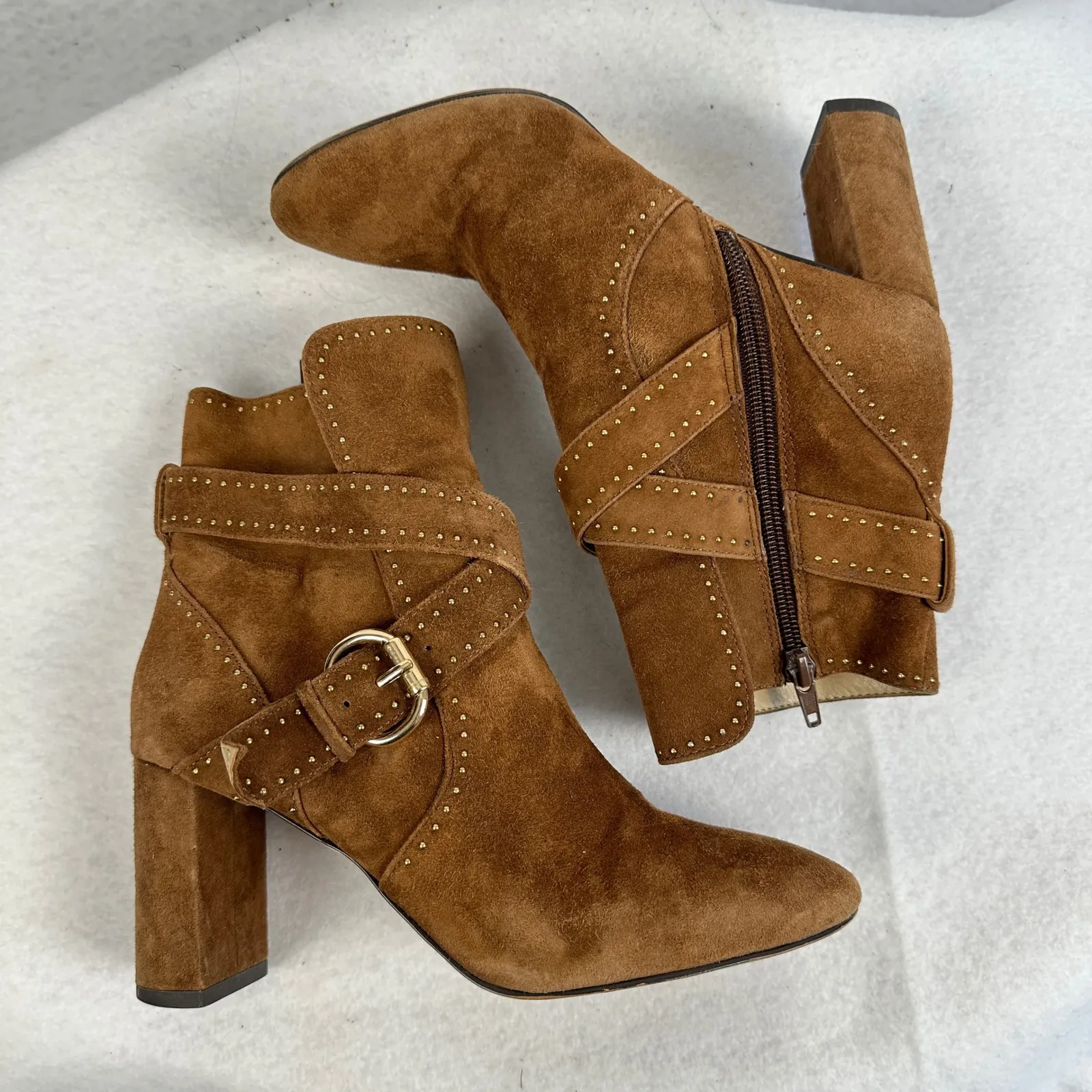 Ann Taylor Brown Suede Studded Buckle Ankle Boots Women 6M Block Heel‎ Moto Boho - Image 8