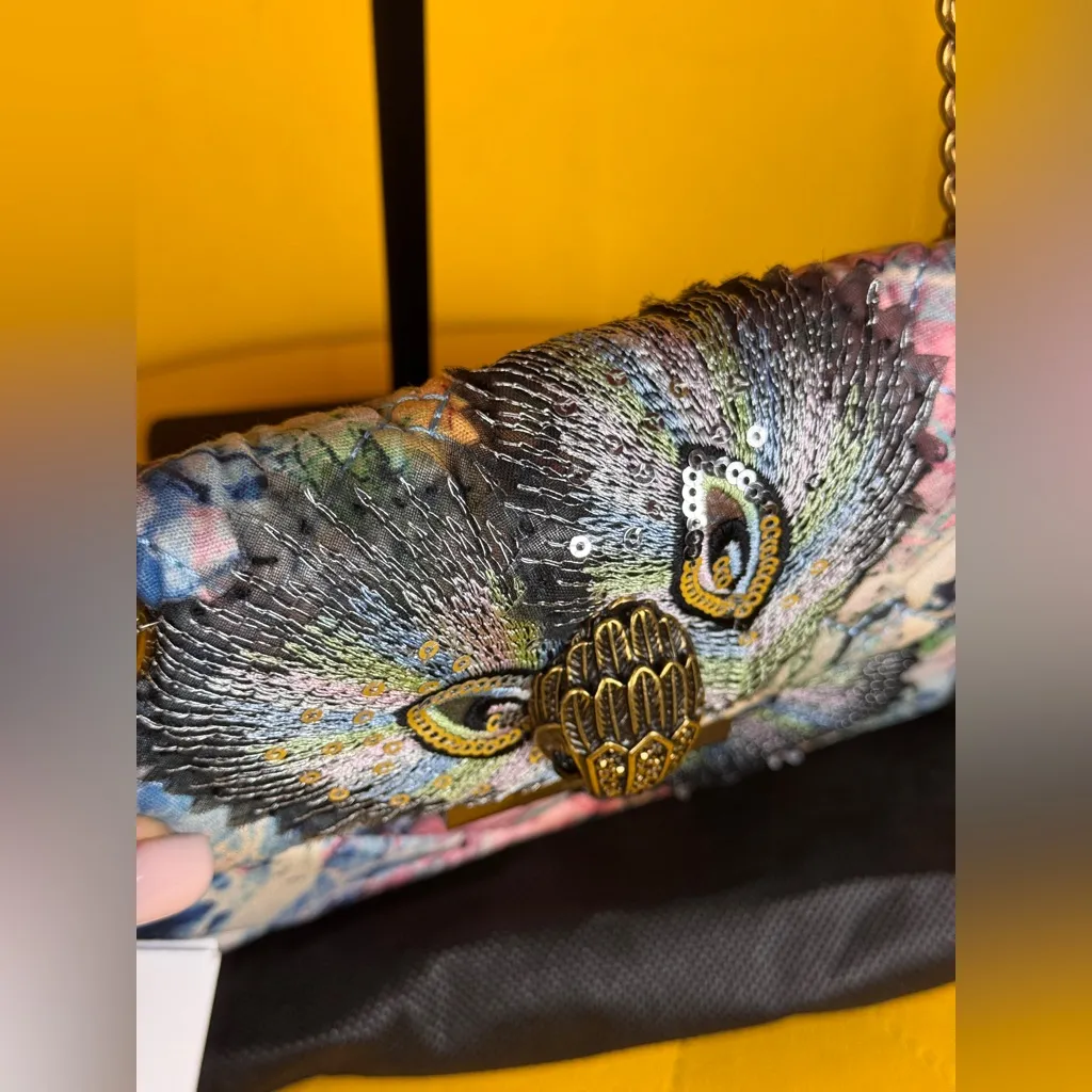 KURT GEIGER LONDONMini Fabric Kensington Bag Crossbody Peacock Bird Purse Gold - Image 6