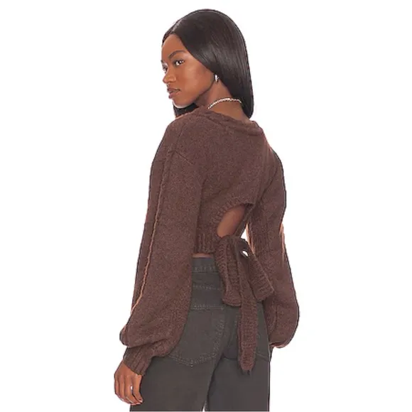For Love & Lemons Cropped Amelia Sweater Chic Brown Knit with Back Tie Size XL - Image 2