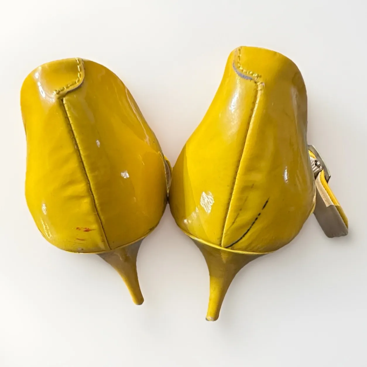 JIMMY CHOO Yellow Patent Leather Peep Toe Mary Jane Heels Pumps EU 38.5 / US 8.5 - Image 12