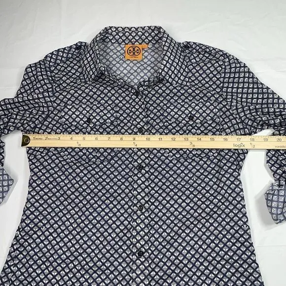 Tory Burch Blouse Top‎ Blue White Square Signature T Cotton Shirt Size 4 - Image 3
