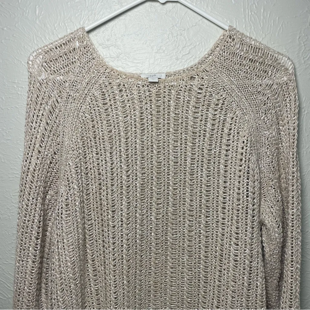 J.Jill Metallic Open Knit Sweater Beige‎ Layered Hem Size Large Tan - Image 5