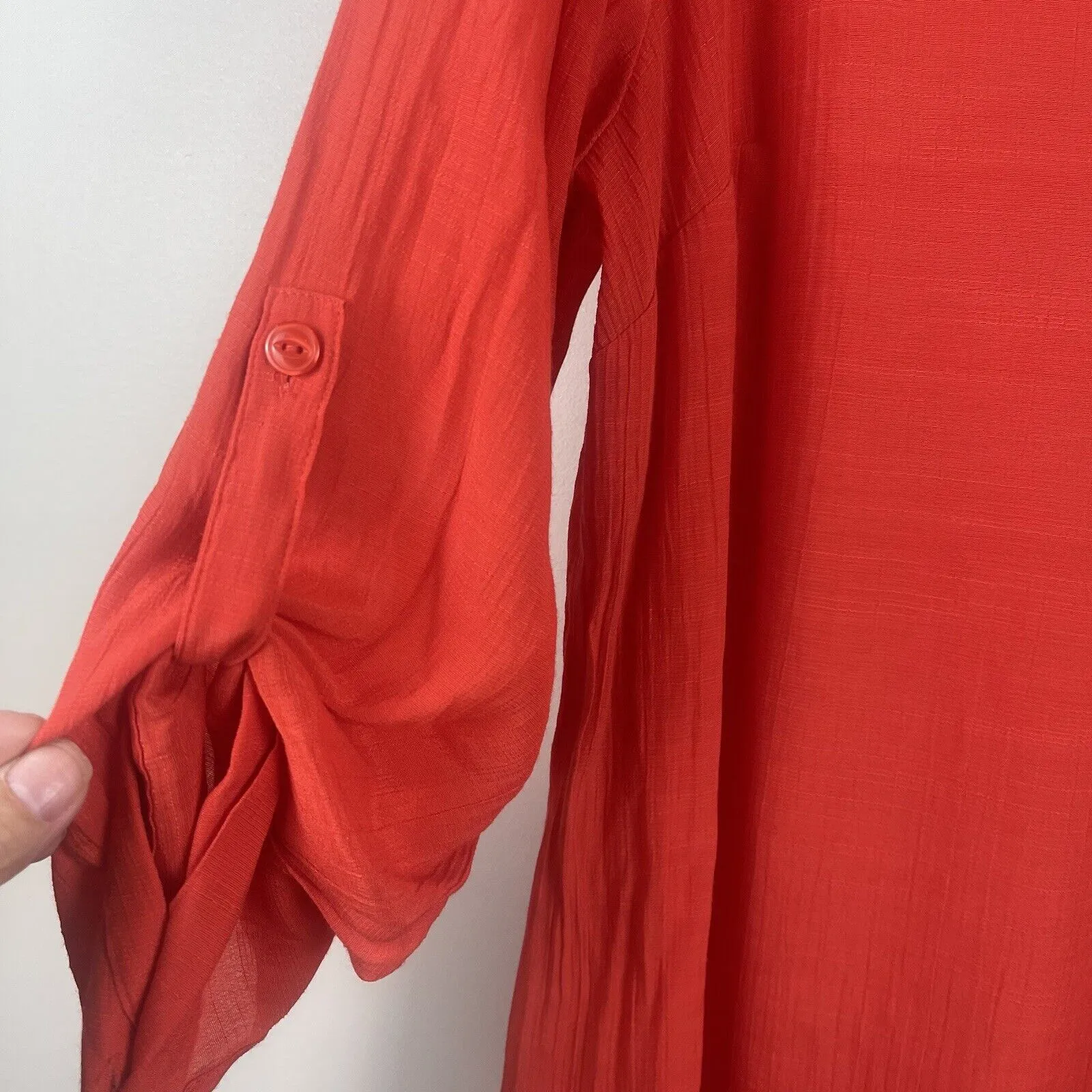 Catherine's Top Sz 0X Red Orange Pleated Button Front‎ Blouse Sheer Flowy Boho - Image 3