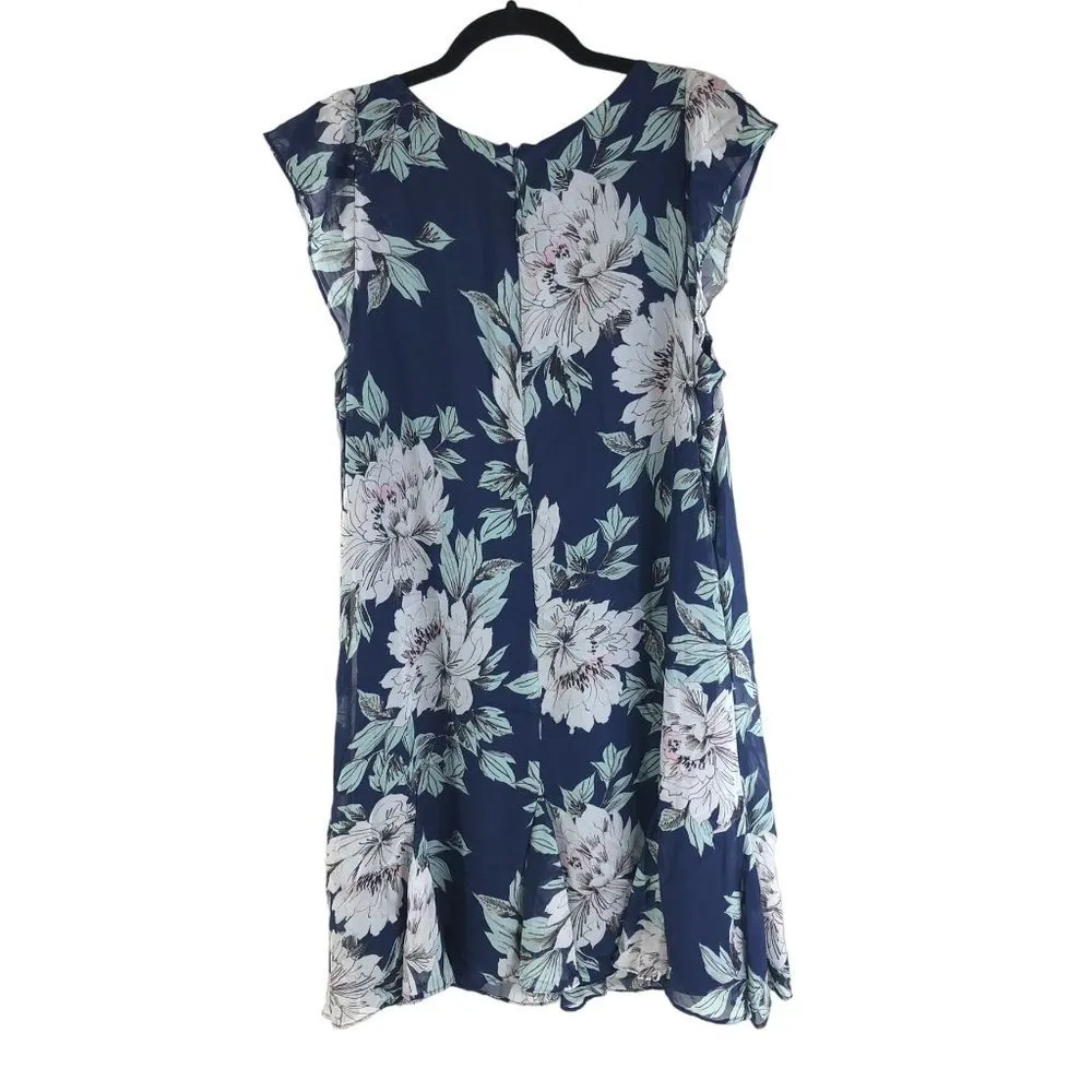Adrianna Papell Shift Dress Floral Deep V-Neck Cap Sleeve Knee Length Blue 12 - Image 3