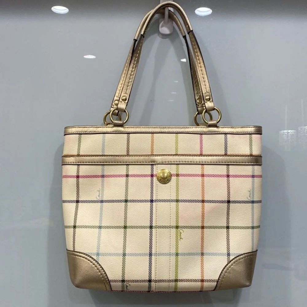 Coach Horse and Carriage Logo Beige Multicolor Checkered Purse Hand Bag - Image 6