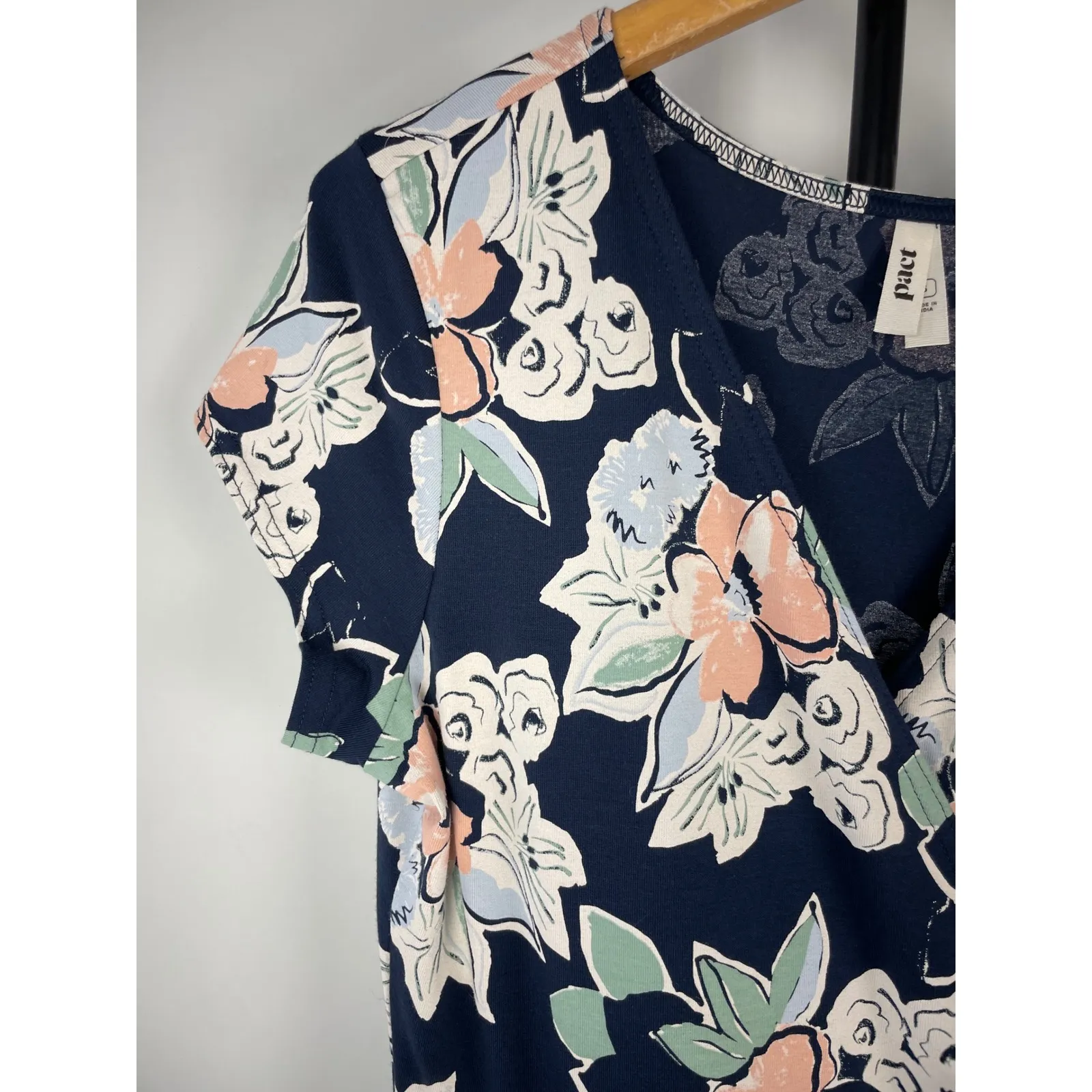 Pact Floral Fit Flare Crossover Short Sleeve Dress Navy Blue Women's Size Small - Image 3