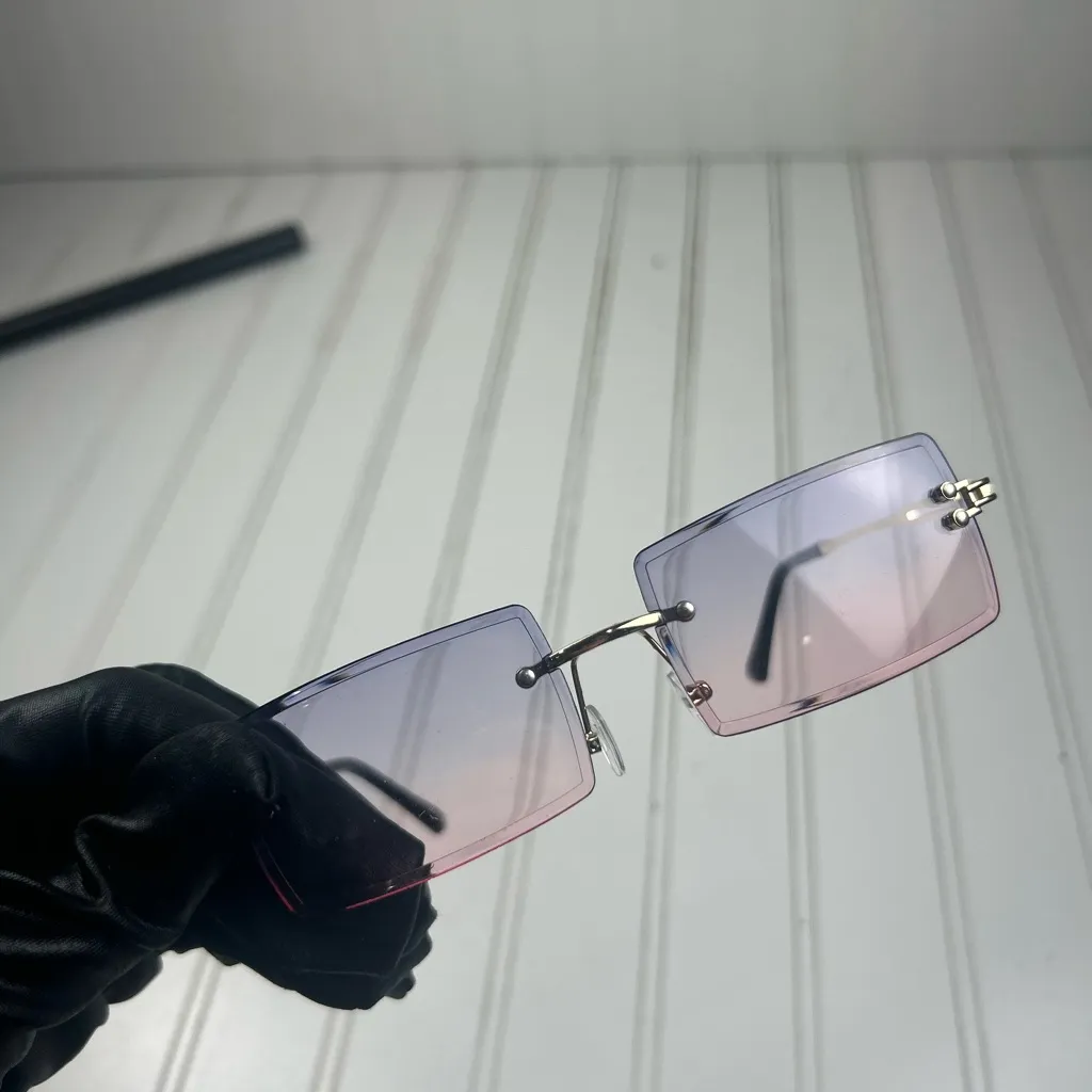 Rimless Gradient Purple Pink Rectangle Sunglasses – Gold Frame Unisex - Image 8